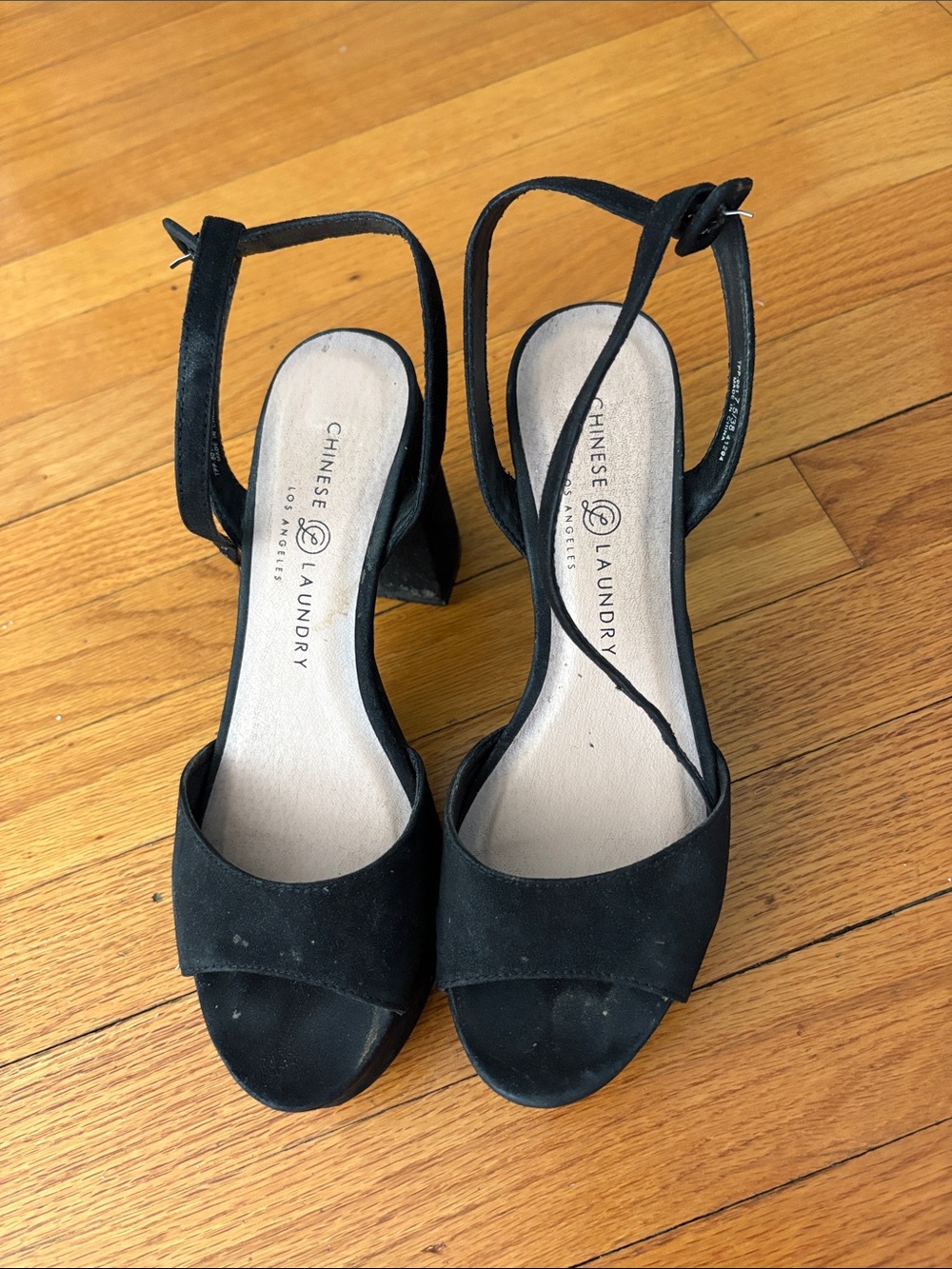 Chinese Laundry Black Suede Open-Toe Ankle Strap Block Heels